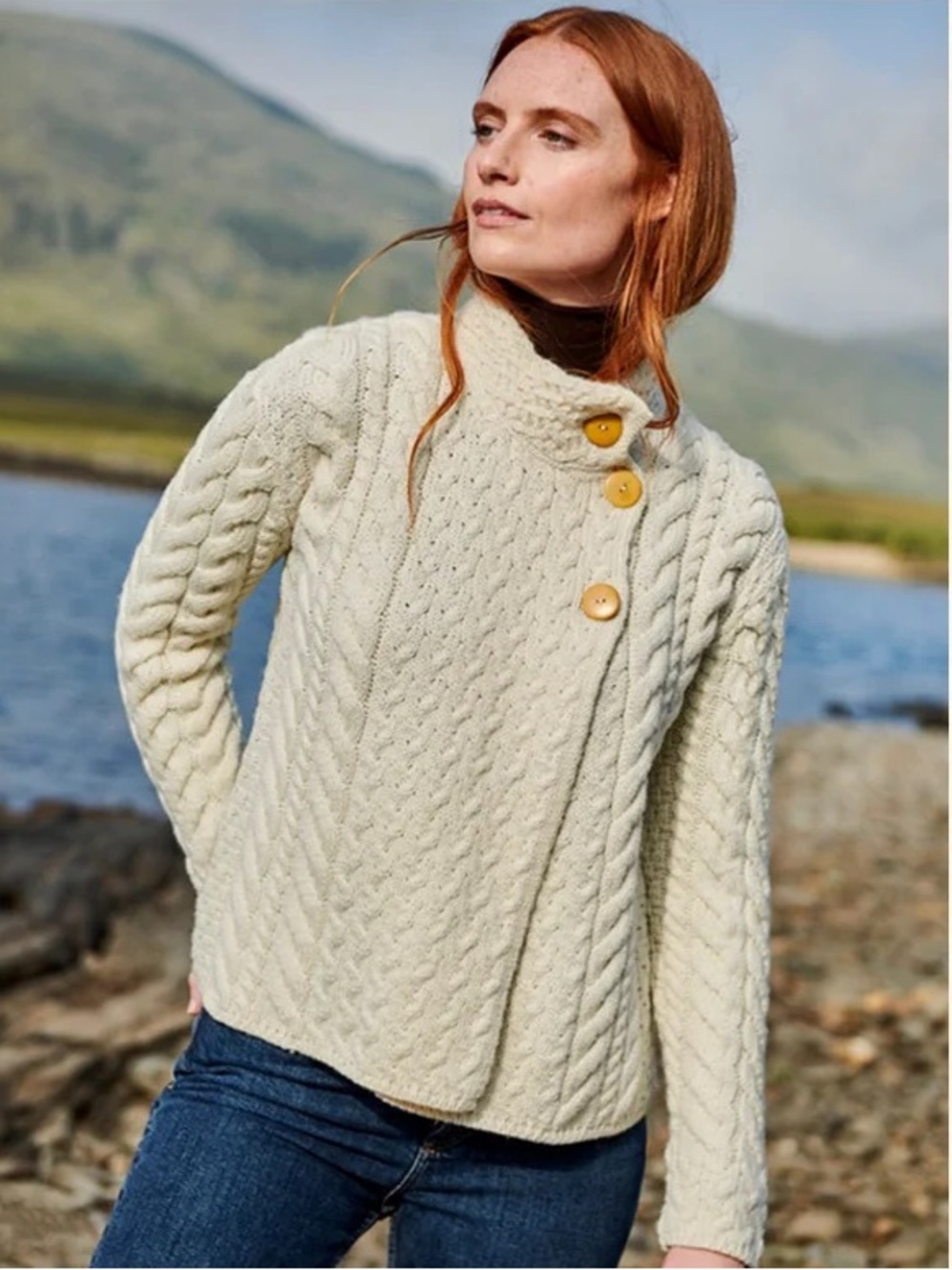 Supersoft Irish Aran Cable Knit Cardigan Cream Wool Button Sweater Large